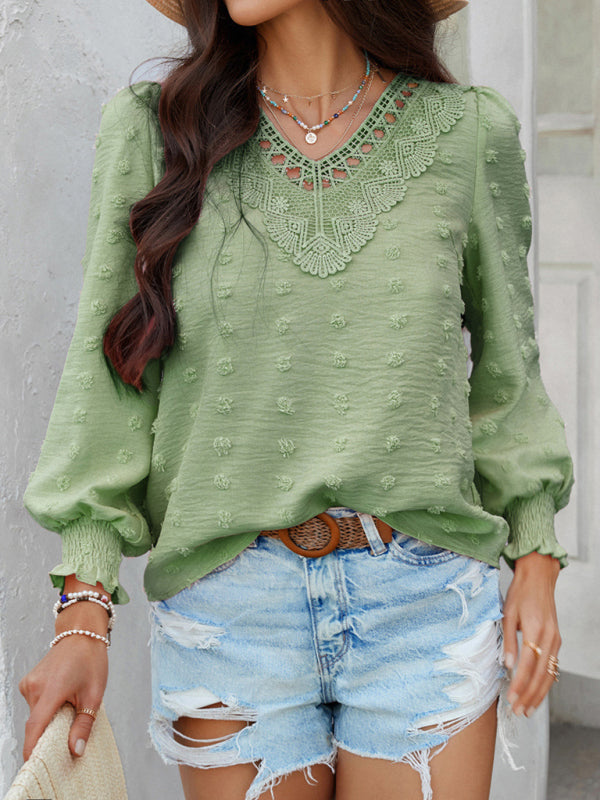 Casual holiday style solid color jacquard olive long sleeve shirt-[Adult]-[Female]-2022 Online Blue Zone Planet