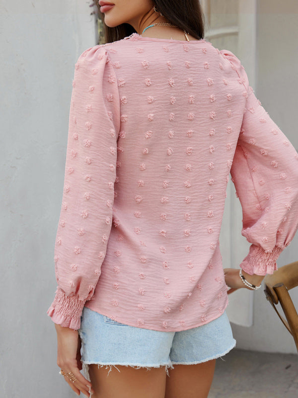 Casual holiday style solid color jacquard olive long sleeve shirt-[Adult]-[Female]-2022 Online Blue Zone Planet