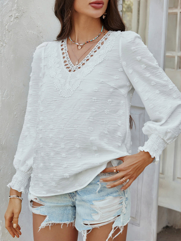 Casual holiday style solid color jacquard olive long sleeve shirt-[Adult]-[Female]-2022 Online Blue Zone Planet