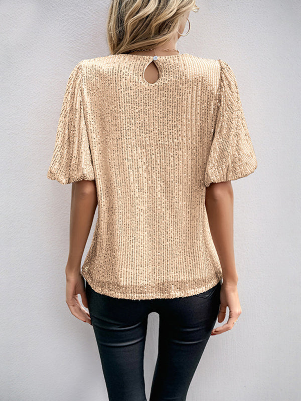 Puff Sleeve Round Neck Solid Color Sequin T-Shirt-[Adult]-[Female]-2022 Online Blue Zone Planet