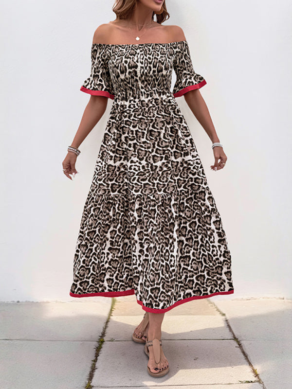 Leopard print dress with ruffled sleeves and boat neckline-[Adult]-[Female]-Coffee-S-2022 Online Blue Zone Planet