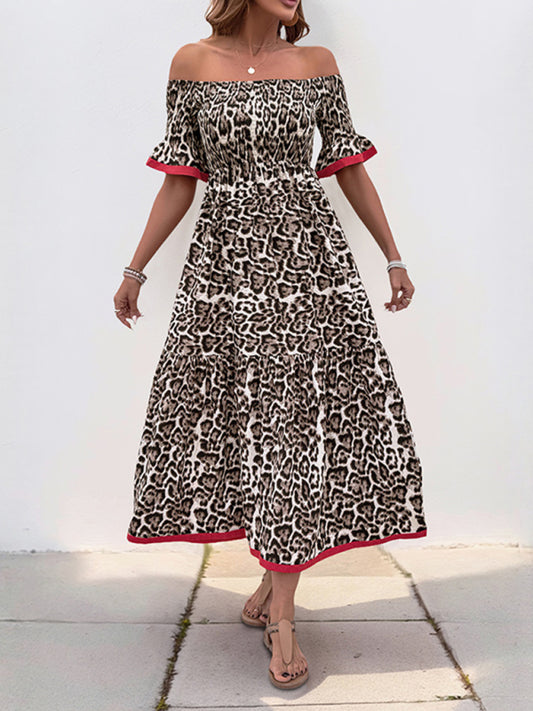 Leopard print dress with ruffled sleeves and boat neckline-[Adult]-[Female]-Coffee-S-2022 Online Blue Zone Planet