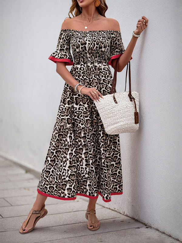 Leopard print dress with ruffled sleeves and boat neckline-[Adult]-[Female]-2022 Online Blue Zone Planet