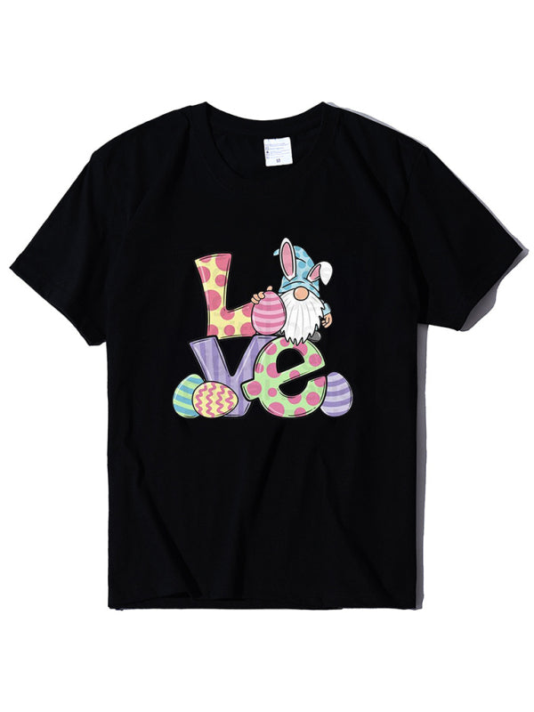 Love Easter pattern round neck short sleeve T-shirt-[Adult]-[Female]-Black-S-2022 Online Blue Zone Planet