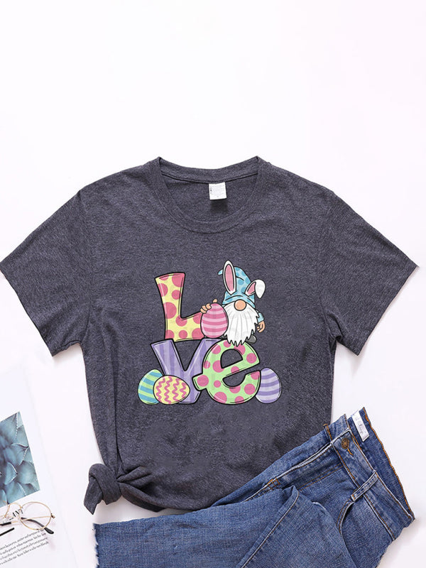 Love Easter pattern round neck short sleeve T-shirt-[Adult]-[Female]-Charcoal grey-S-2022 Online Blue Zone Planet