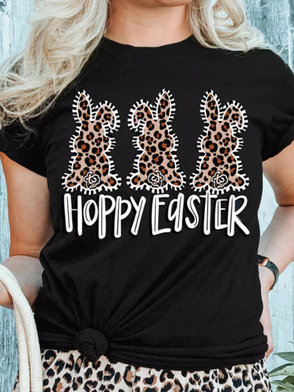 New Leopard Easter Women's Bunny Print Tops T-Shirt-[Adult]-[Female]-Black-XS-2022 Online Blue Zone Planet