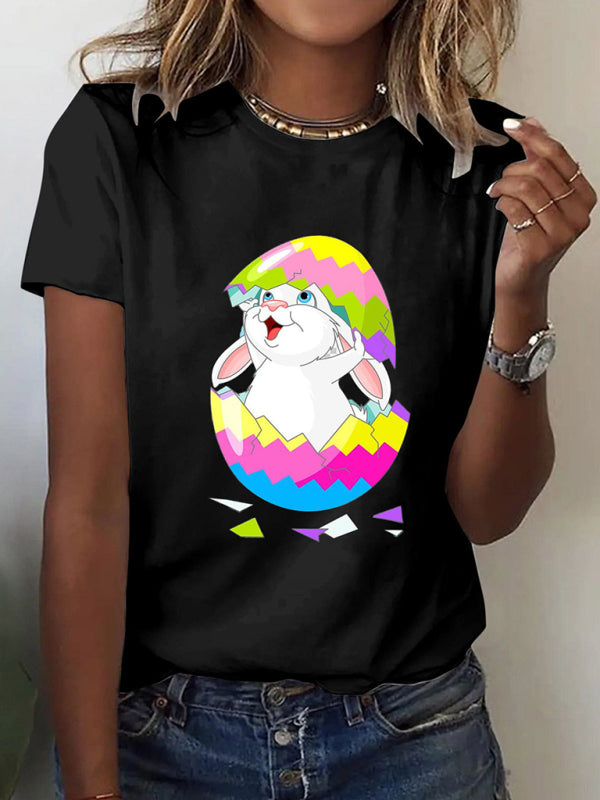 Easter cartoon print short-sleeved T-shirt-[Adult]-[Female]-Black-XS-2022 Online Blue Zone Planet