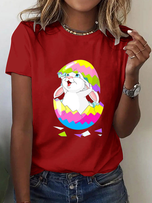 Easter cartoon print short-sleeved T-shirt-[Adult]-[Female]-Red-XS-2022 Online Blue Zone Planet