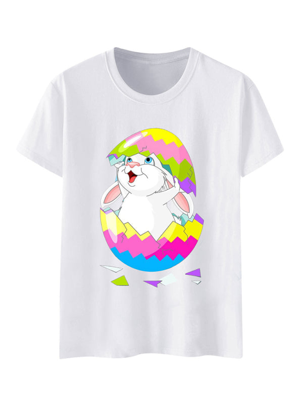 Easter cartoon print short-sleeved T-shirt-[Adult]-[Female]-White-XS-2022 Online Blue Zone Planet
