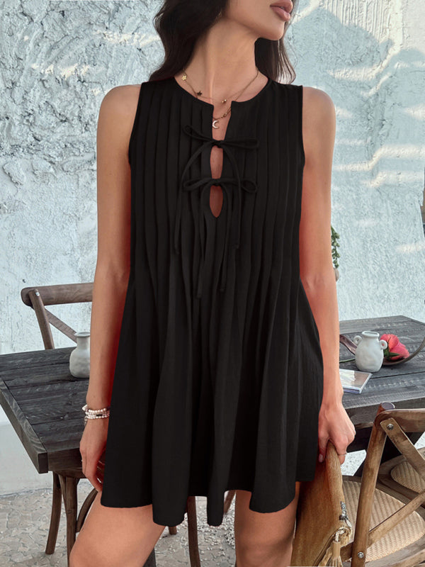 Solid color lace up pleated sleeveless dress-[Adult]-[Female]-2022 Online Blue Zone Planet
