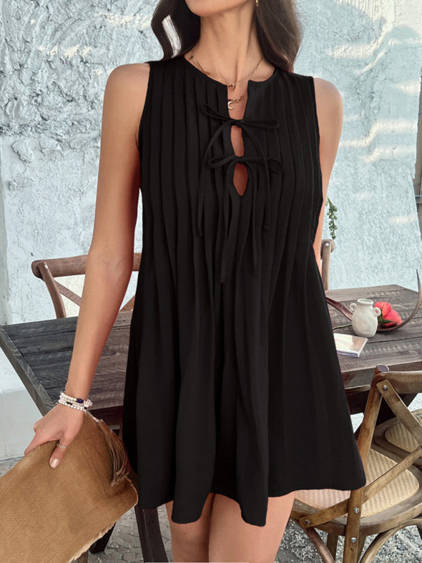 Solid color lace up pleated sleeveless dress-[Adult]-[Female]-2022 Online Blue Zone Planet