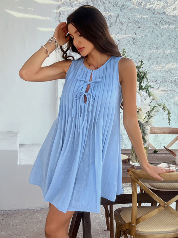 Solid color lace up pleated sleeveless dress-[Adult]-[Female]-2022 Online Blue Zone Planet