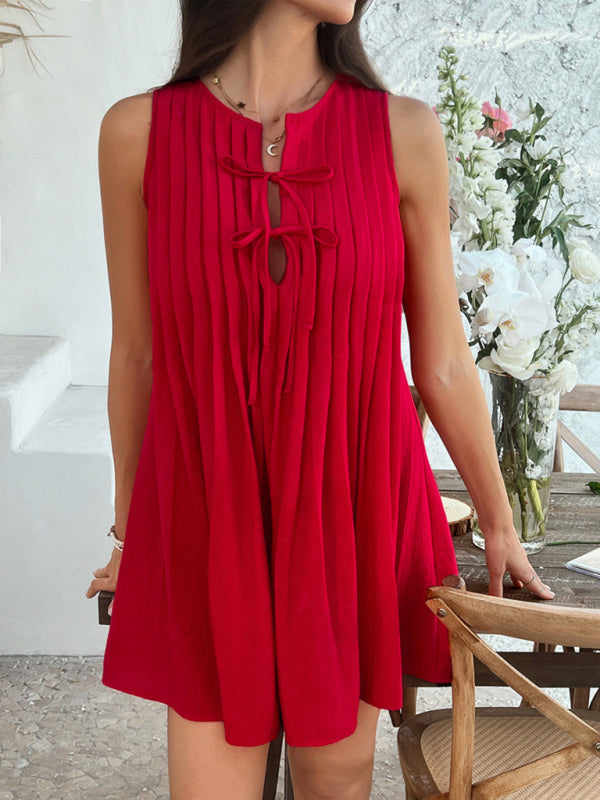 Solid color lace up pleated sleeveless dress-[Adult]-[Female]-2022 Online Blue Zone Planet