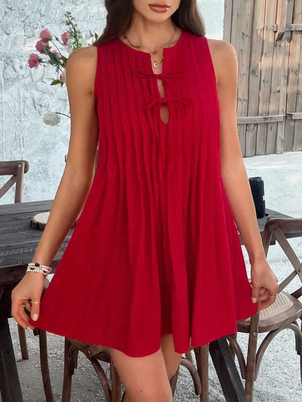 Solid color lace up pleated sleeveless dress-[Adult]-[Female]-Red-S-2022 Online Blue Zone Planet