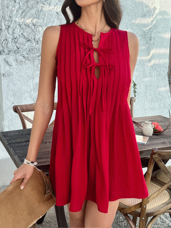 Solid color lace up pleated sleeveless dress-[Adult]-[Female]-2022 Online Blue Zone Planet