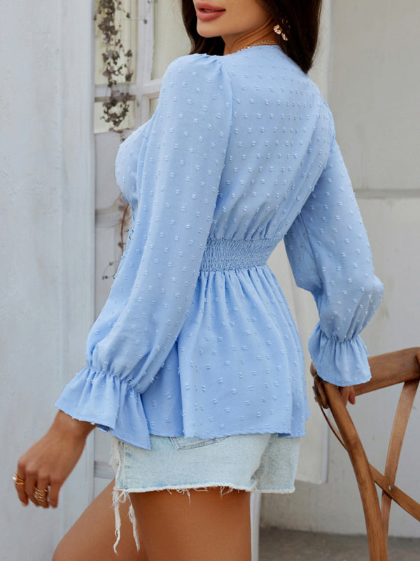 Emma's V-neck solid color tie waist top shirt-[Adult]-[Female]-2022 Online Blue Zone Planet