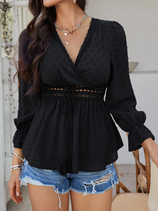 Emma's V-neck solid color tie waist top shirt-[Adult]-[Female]-2022 Online Blue Zone Planet