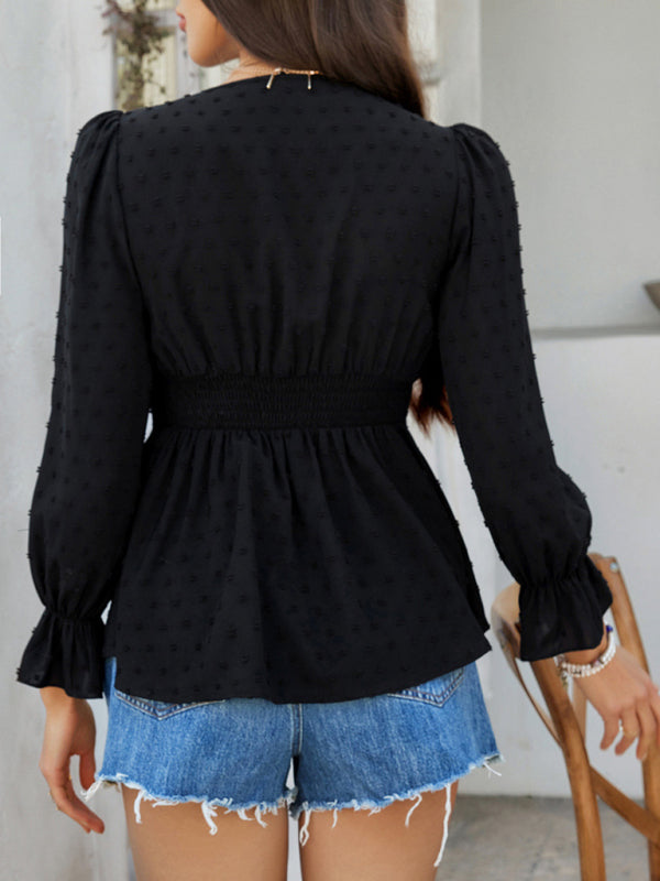 Emma's V-neck solid color tie waist top shirt-[Adult]-[Female]-2022 Online Blue Zone Planet