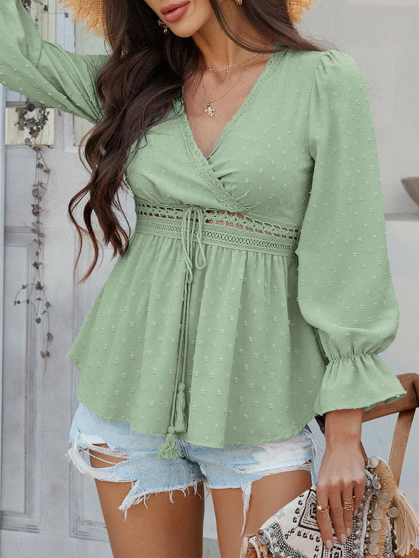 Emma's V-neck solid color tie waist top shirt-[Adult]-[Female]-2022 Online Blue Zone Planet
