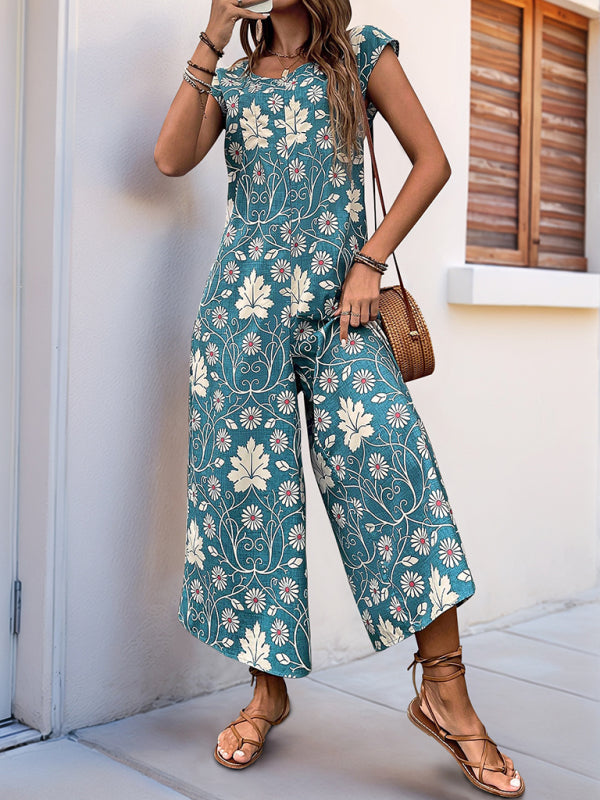 Bella's Floral Print Wide-leg Jumpsuit-[Adult]-[Female]-Blue-S-2022 Online Blue Zone Planet