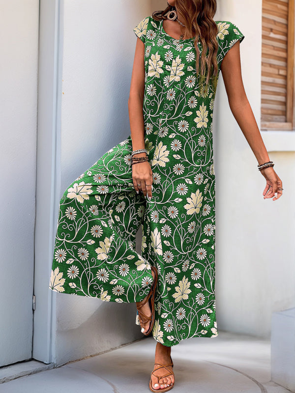 Bella's Floral Print Wide-leg Jumpsuit-[Adult]-[Female]-Green-S-2022 Online Blue Zone Planet
