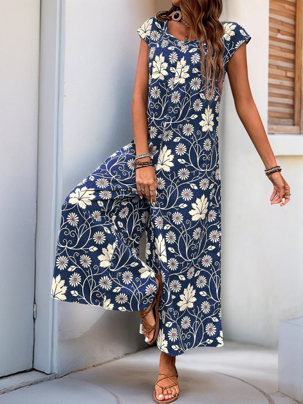 Bella's Floral Print Wide-leg Jumpsuit-[Adult]-[Female]-Champlain color-S-2022 Online Blue Zone Planet