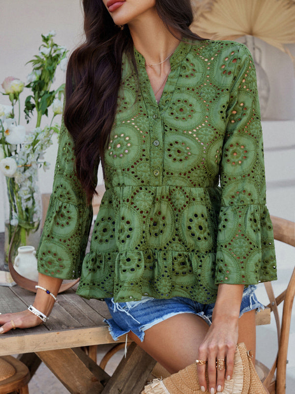 Solid color hollow V-neck three-quarter sleeve shirt-[Adult]-[Female]-2022 Online Blue Zone Planet