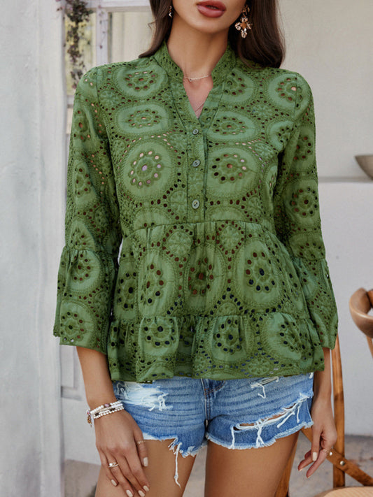 Solid color hollow V-neck three-quarter sleeve shirt-[Adult]-[Female]-Olive green-S-2022 Online Blue Zone Planet