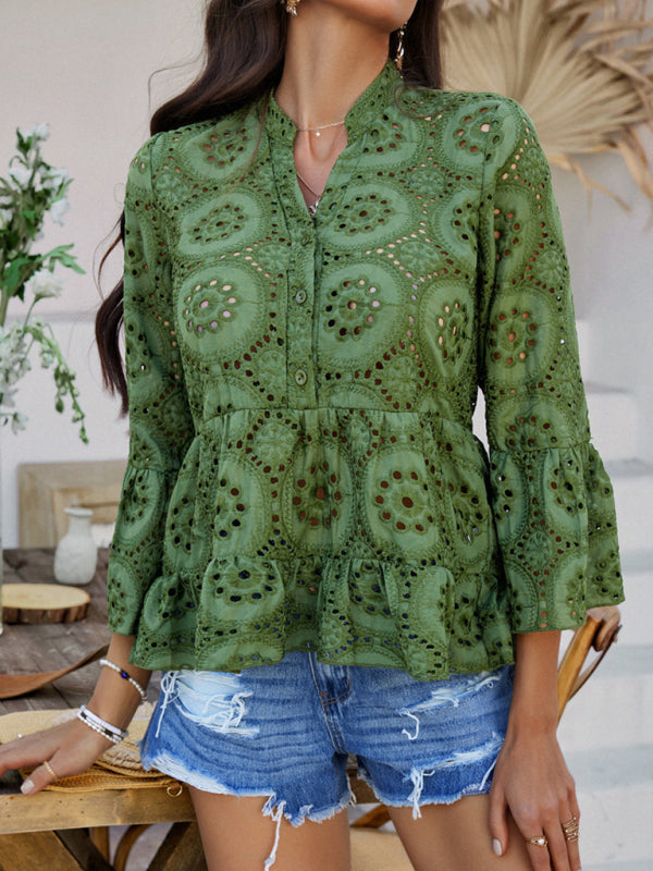 Solid color hollow V-neck three-quarter sleeve shirt-[Adult]-[Female]-2022 Online Blue Zone Planet