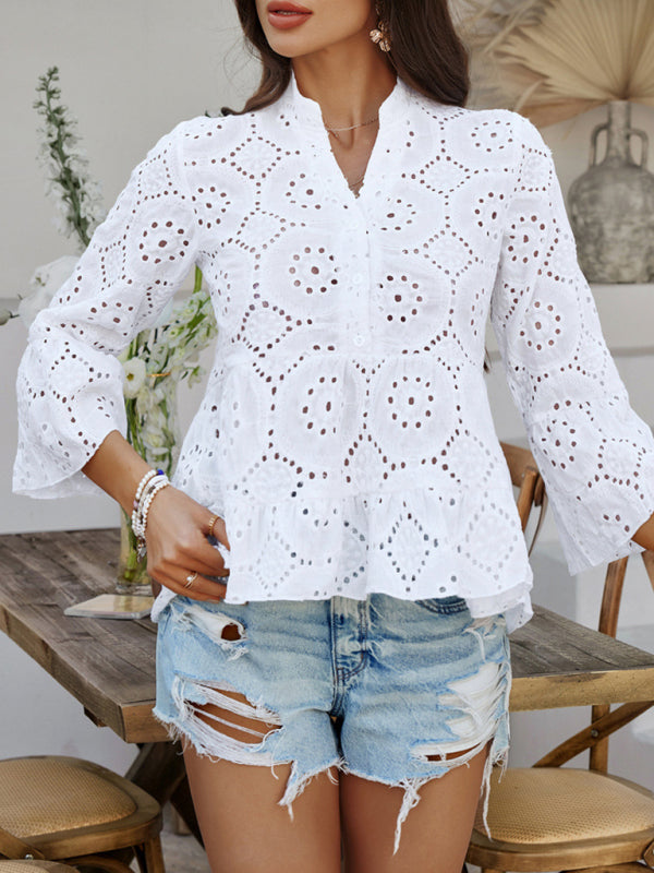 Solid color hollow V-neck three-quarter sleeve shirt-[Adult]-[Female]-2022 Online Blue Zone Planet