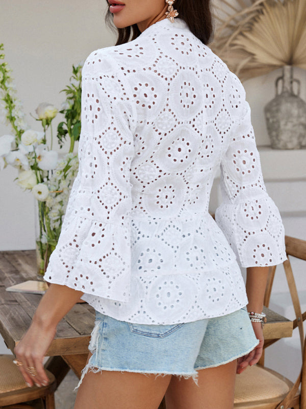 Solid color hollow V-neck three-quarter sleeve shirt-[Adult]-[Female]-2022 Online Blue Zone Planet