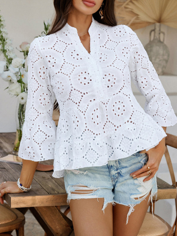 Solid color hollow V-neck three-quarter sleeve shirt-[Adult]-[Female]-White-S-2022 Online Blue Zone Planet