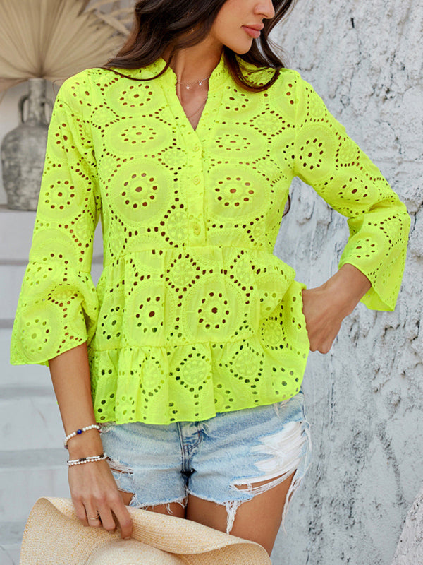 Solid color hollow V-neck three-quarter sleeve shirt-[Adult]-[Female]-Yellow-S-2022 Online Blue Zone Planet