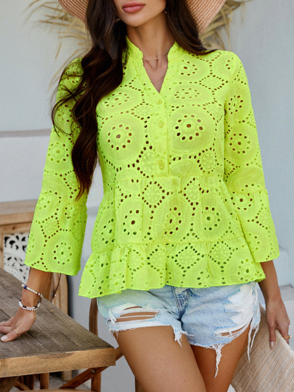 Solid color hollow V-neck three-quarter sleeve shirt-[Adult]-[Female]-2022 Online Blue Zone Planet