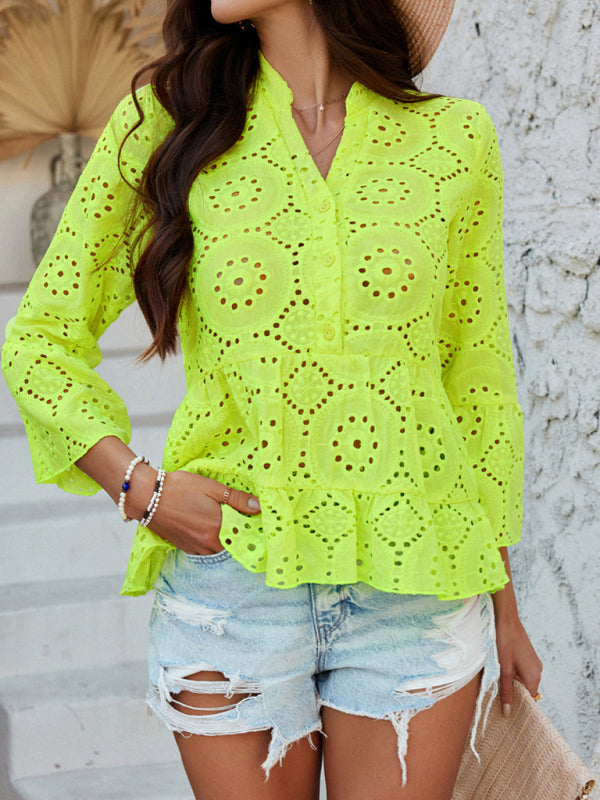 Solid color hollow V-neck three-quarter sleeve shirt-[Adult]-[Female]-2022 Online Blue Zone Planet