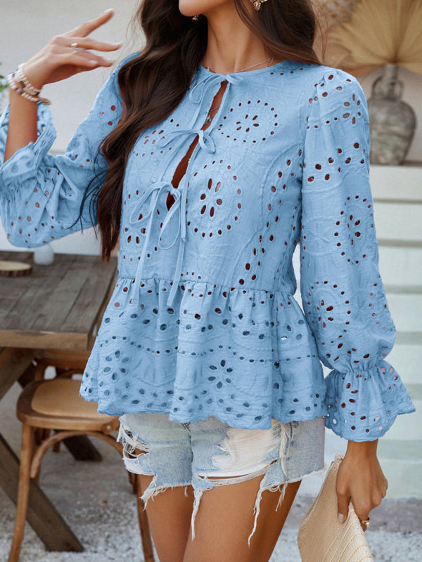 Viki's Loose Lace-up Solid Color Hollow Top-[Adult]-[Female]-2022 Online Blue Zone Planet