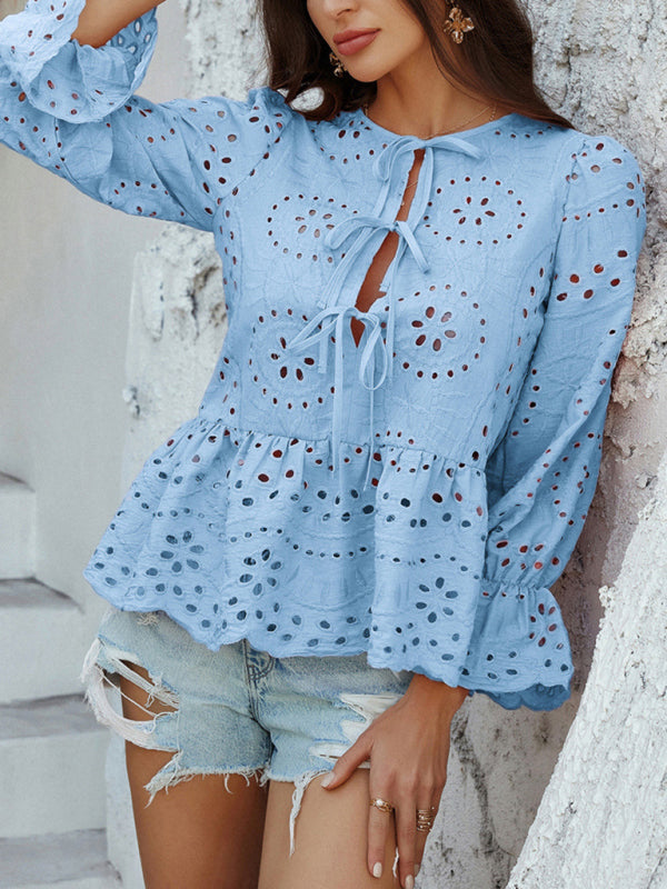 Viki's Loose Lace-up Solid Color Hollow Top-[Adult]-[Female]-2022 Online Blue Zone Planet