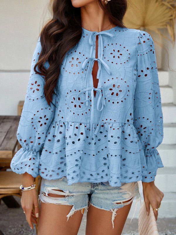 Viki's Loose Lace-up Solid Color Hollow Top-[Adult]-[Female]-Blue-S-2022 Online Blue Zone Planet
