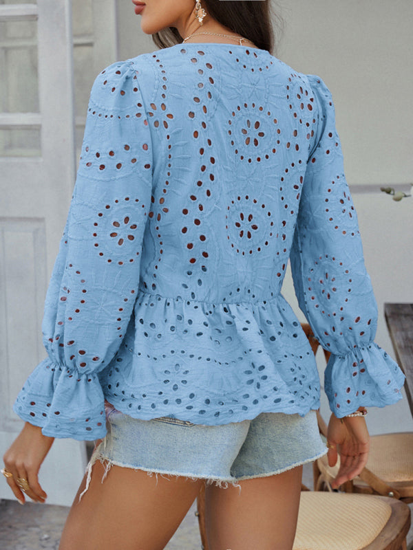 Viki's Loose Lace-up Solid Color Hollow Top-[Adult]-[Female]-2022 Online Blue Zone Planet
