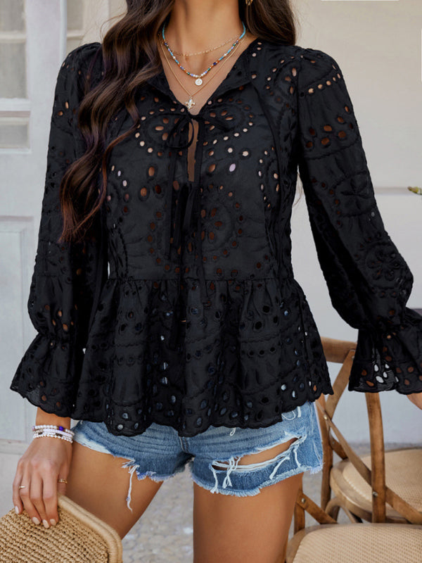 Viki's Loose Lace-up Solid Color Hollow Top-[Adult]-[Female]-Black-S-2022 Online Blue Zone Planet