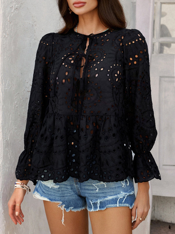 Viki's Loose Lace-up Solid Color Hollow Top-[Adult]-[Female]-2022 Online Blue Zone Planet
