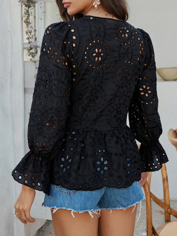 Viki's Loose Lace-up Solid Color Hollow Top-[Adult]-[Female]-2022 Online Blue Zone Planet