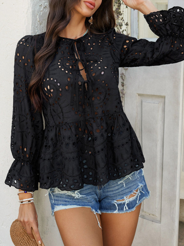 Viki's Loose Lace-up Solid Color Hollow Top-[Adult]-[Female]-2022 Online Blue Zone Planet