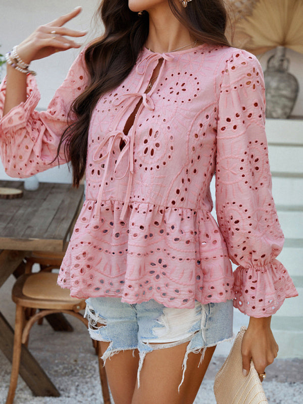 Viki's Loose Lace-up Solid Color Hollow Top-[Adult]-[Female]-2022 Online Blue Zone Planet