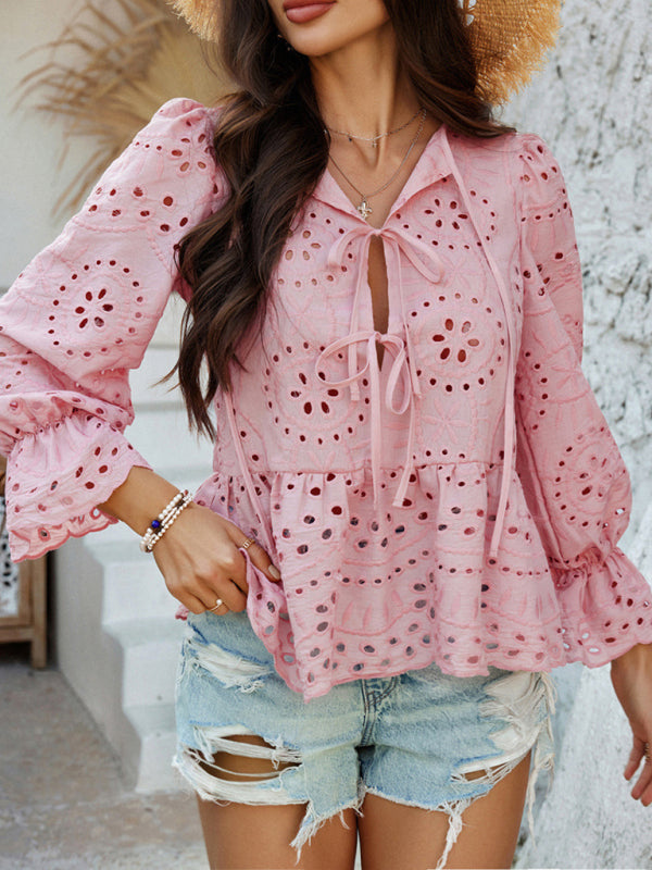 Viki's Loose Lace-up Solid Color Hollow Top-[Adult]-[Female]-2022 Online Blue Zone Planet
