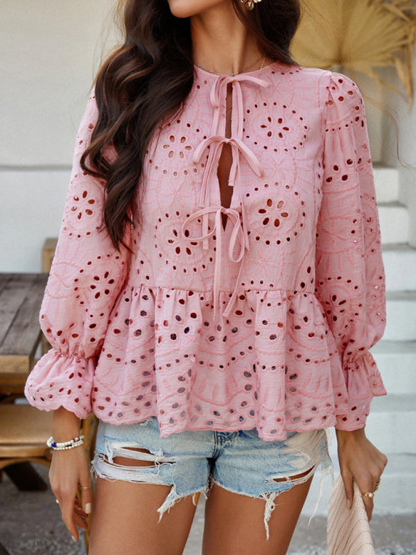 Viki's Loose Lace-up Solid Color Hollow Top-[Adult]-[Female]-Pink-S-2022 Online Blue Zone Planet
