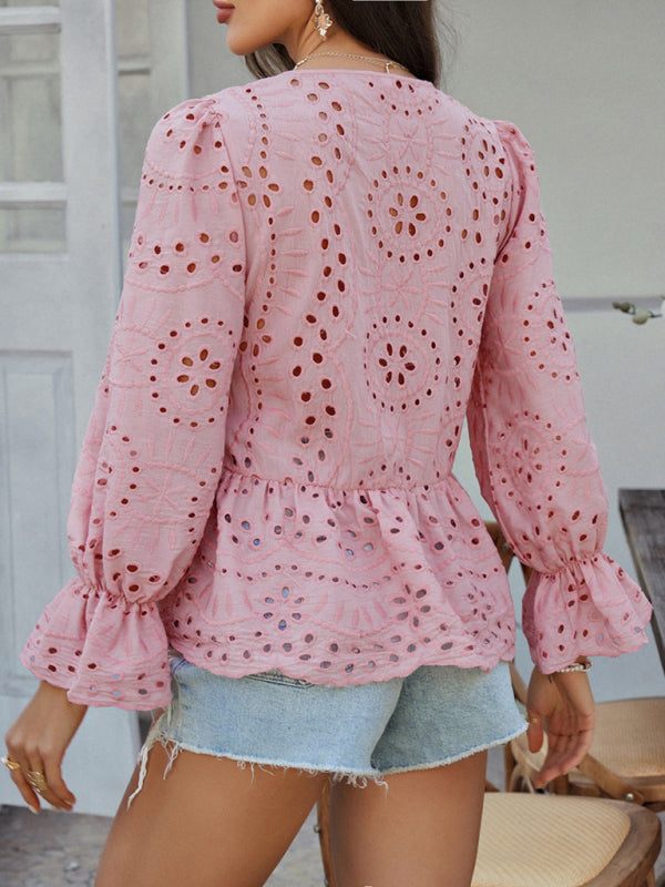 Viki's Loose Lace-up Solid Color Hollow Top-[Adult]-[Female]-2022 Online Blue Zone Planet