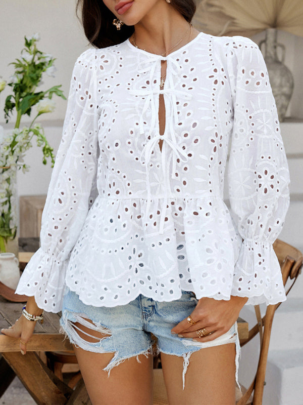 Viki's Loose Lace-up Solid Color Hollow Top-[Adult]-[Female]-2022 Online Blue Zone Planet