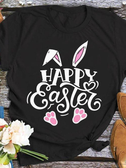 Easter Bunny Print Crew Neck Short Sleeve T-Shirt-[Adult]-[Female]-Black-XS-2022 Online Blue Zone Planet
