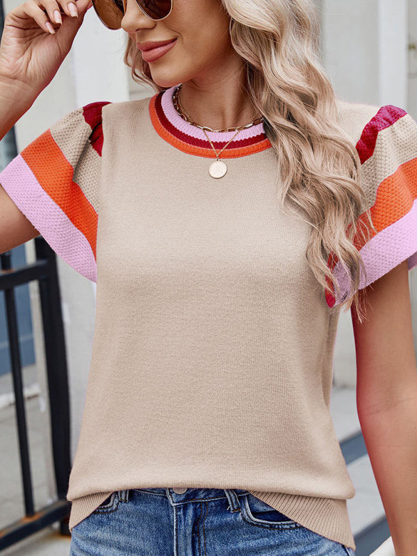 Crew Neck Knit Top Short Sleeve Sweater-[Adult]-[Female]-2022 Online Blue Zone Planet